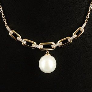 NEW / EFFY Pearl and Diamond Paperclip Chain Necklace / 14K